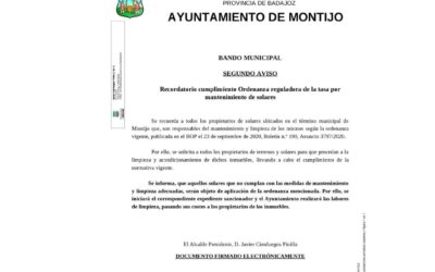 RECORDATORIO CUMPLIMIENTO ORDENANZA REGULADORA DE LA TASA POR MANTENIMIENTO DE SOLARES